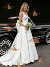 White Satin V-neck Wedding Dress