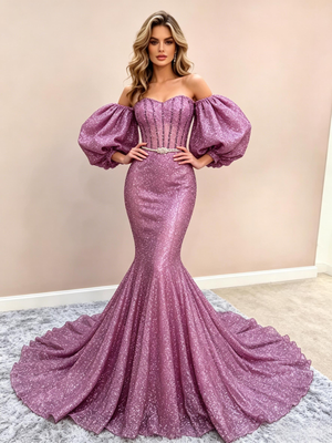 Purple Mermaid Sequins Puff Sleeve Prom Dress