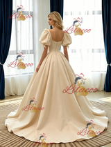 Champagne Satin Puff Sleeve Pleats Wedding Dress