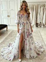 White Tulle Print Puff Sleeve Prom Dress