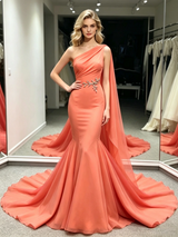 Orange Mermaid One Shoulder Prom Dress