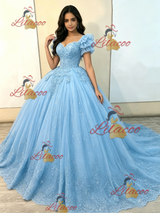 Blue Tulle Short Sleeve Appliques Quinceanera Dress
