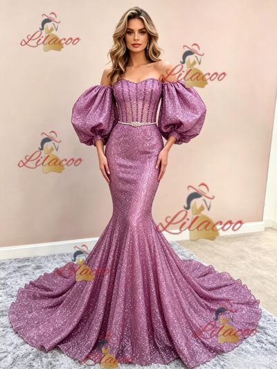 Purple Mermaid Sequins Puff Sleeve Prom Dress