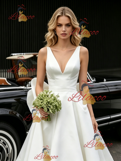 White Satin V-neck Wedding Dress