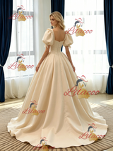 Champagne Satin Puff Sleeve Pleats Wedding Dress