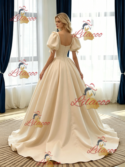 Champagne Satin Puff Sleeve Pleats Wedding Dress