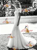 White Mermaid Lace Puff Sleeve Wedding Dress