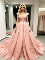 Pink Tulle V-neck Appliques Prom Dress