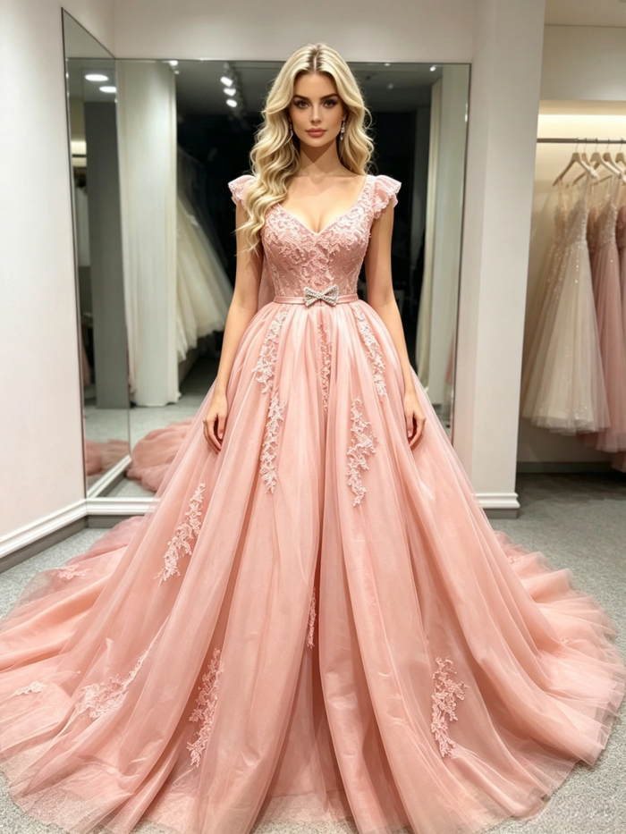 Pink Tulle V-neck Appliques Prom Dress