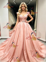 Pink Tulle V-neck Appliques Prom Dress