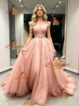 Pink Tulle V-neck Appliques Prom Dress