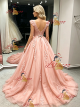 Pink Tulle V-neck Appliques Prom Dress