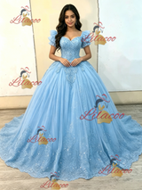 Blue Tulle Short Sleeve Appliques Quinceanera Dress