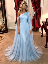 Blue One Shoulder Long Sleeve Pleats Prom Dress