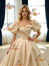 Champagne Satin Puff Sleeve Pleats Wedding Dress
