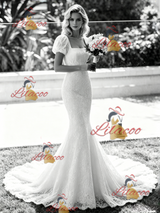 White Mermaid Lace Puff Sleeve Wedding Dress
