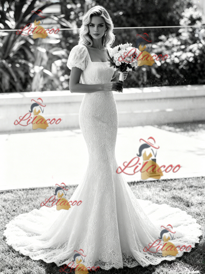 White Mermaid Lace Puff Sleeve Wedding Dress