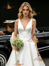 White Satin V-neck Wedding Dress