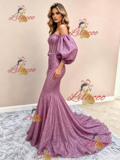 Purple Mermaid Sequins Puff Sleeve Prom Dress