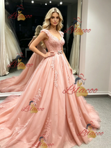 Pink Tulle V-neck Appliques Prom Dress