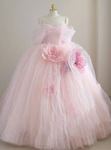 Pink Ball Gown Off the Shoulder 3D Flower Prom Dress