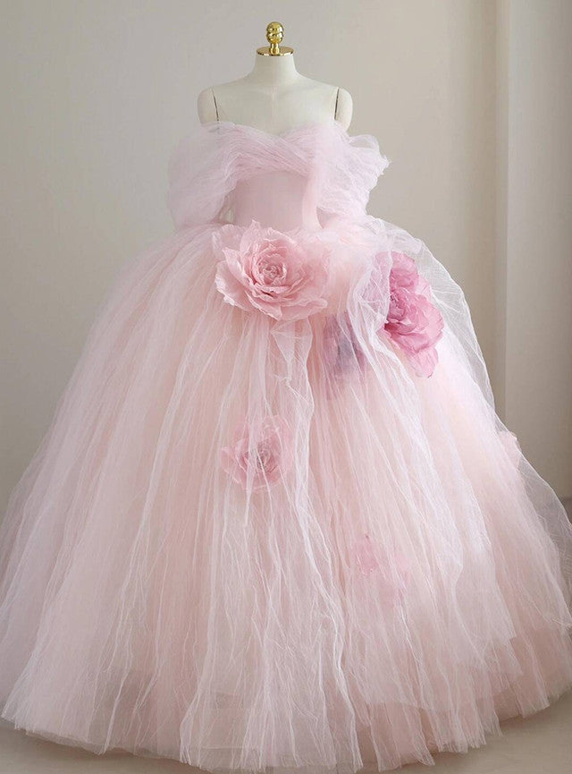 Pink Ball Gown Off the Shoulder 3D Flower Prom Dress