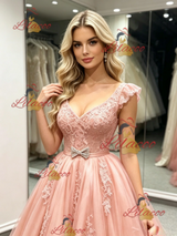 Pink Tulle V-neck Appliques Prom Dress