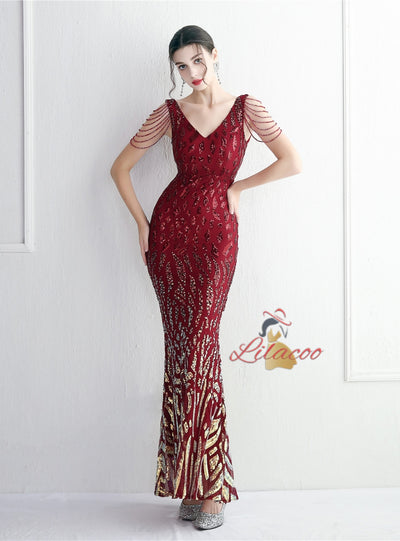 Sequins Mermaid V-neck Beading Prom Dress