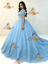 Blue Tulle Short Sleeve Appliques Quinceanera Dress