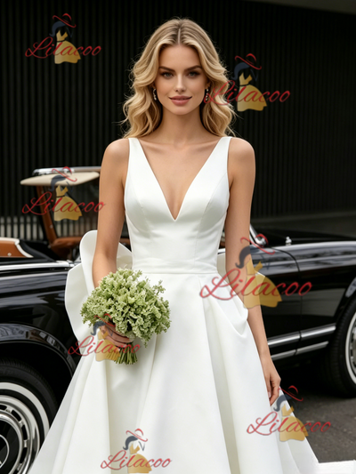 White Satin V-neck Wedding Dress