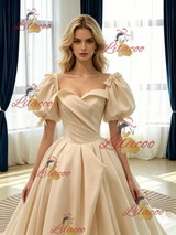 Champagne Satin Puff Sleeve Pleats Wedding Dress