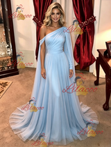 Blue One Shoulder Long Sleeve Pleats Prom Dress