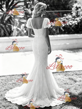 White Mermaid Lace Puff Sleeve Wedding Dress
