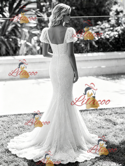 White Mermaid Lace Puff Sleeve Wedding Dress