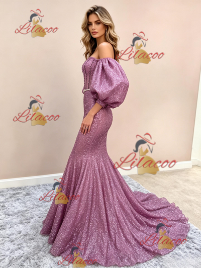 Purple Mermaid Sequins Puff Sleeve Prom Dress
