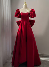 Burgundy Satin Puff Sleeve Prom Dress