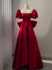 Burgundy Satin Puff Sleeve Prom Dress