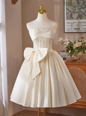Ivory Satin Strapless Bow Homecoming Dress