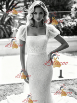 White Mermaid Lace Puff Sleeve Wedding Dress