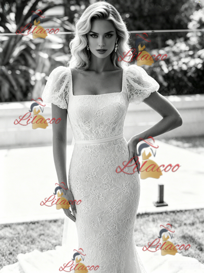 White Mermaid Lace Puff Sleeve Wedding Dress