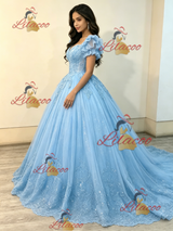 Blue Tulle Short Sleeve Appliques Quinceanera Dress