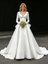 White Satin Long Sleeve V-neck Wedding Dress