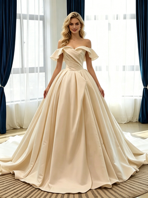 Champagne Satin Off the Shoulder Pleats Wedding Dress