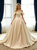Champagne Satin Off the Shoulder Pleats Wedding Dress