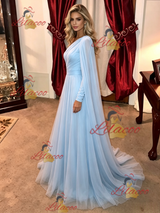 Blue One Shoulder Long Sleeve Pleats Prom Dress