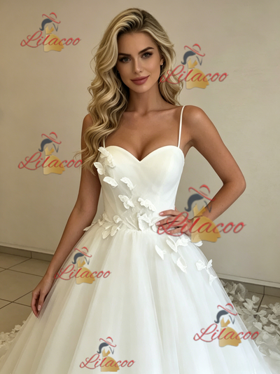 White Tulle Spaghetti Straps Butterfly Wedding Dress