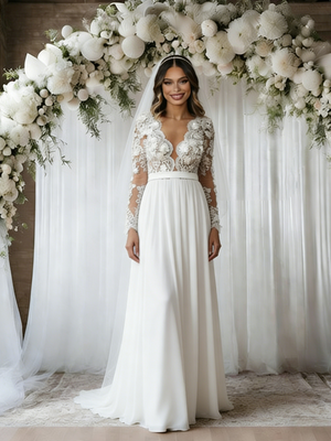 White Chiffon Appliques Long Sleeve Wedding Dress