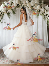 Beige White Tulle V-neck Wedding Dress