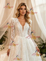 White Lace Long Sleeve V-neck Wedding Dress