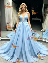 Blue Tulle Spaghetti Straps Prom Dress